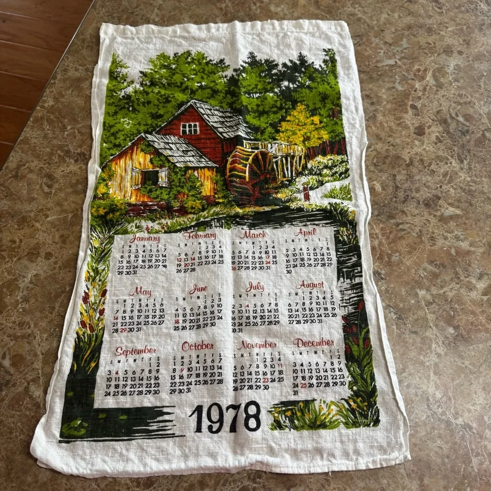 Vintage 1978 Hanging Calendar Tea Towel Country Watermill Fall Spring Kitchen